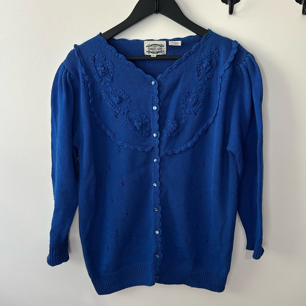 Vintage-Style Blue Knit Cardigan Sweater